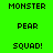 Pixelated text 'MONSTER PEAR SQUAD!' appears on two distinct background colors in a