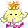 A 4x4 grid of pixel art frames showing a yellow cartoon character with orange star on head, pink blush marks, and pink text below, displaying various expressions and poses against gray background.