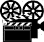 Two black-and-white film projector icons with striped clapperboards, each featuring two reels and a rectangular body.