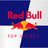 Pixelated Red Bull logo with red text, yellow and red bull graphic, and partially visible 'TOP' text on a blue and white background.