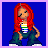 Pixel art of a figure with long red hair, wearing a rainbow-striped shirt and dark pants against a solid blue background.