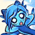 Pixelated blue character with spiky hair, wide eyes, and a small pink mouth against light background.
