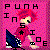 Pixelated character with red hair and blue pants on pink background, text 'PUNK IN S I O E' in black letters above.