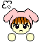 Pixel art character with pink bunny ears, brown hair, and yellow skin; left pose shows downturned mouth, right pose shows open mouth with tongue.