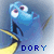 Pixelated blue fish character with large eyes and yellow fins, positioned left of center against a light gradient background, with 'DORY' text below.