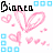 Pixelated pink heart doodles with blue square accents and black text labels 'Bianca', 'Loves', and 'Joe' in different frames.