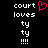 Pixelated text and symbols on black background with pink heart symbol above 'court' in left