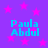 Purple background with pink stars and four identical blue text blocks reading "Paula Abdul" in pixelated font.