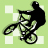 Pixelated black silhouette of a person riding a BMX bike on a light green background with white square patterns.
