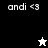 Pixelated text 'andi <3' appears on black and gray backgrounds with a white star icon above it, then the star turns black while text remains unchanged.