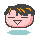 Pixel art avatar with pink face, dark hair, and orange highlights, showing multiple expressions including closed eyes, blushing cheeks, and holding a red flower.