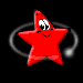 Red star-shaped character with cartoon eyes and mouth, rotating on a black background with white circular motion trails.