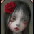 Animated contact sheet of a doll-like character with red rose hair accessory, blood-streaked cheeks, and changing text overlays across frames.