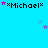 Pixelated text *Michael* surrounded by pink and blue stars on a bright cyan background, with stars shifting positions across frames.