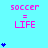 Pixelated graphic with cyan background displaying 'soccer = LIFE' text and blue heart icons in varying quantities across three