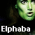Pixelated green-toned face with open mouth and visible teeth, dark background, white text 'Elphaba' at bottom.