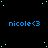 Blue text 'nicole<3' repeated across a black background with scattered light blue dots, one gray rectangle in the bottom-right corner.
