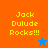 Pixelated text 'Jack Dulude Rocks!!!' in yellow on orange and blue backgrounds with a small star icon.