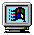 Pixelated computer monitor displays abstract multicolored shapes on light blue screen with red, blue, yellow, green, and black elements.