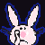 Pixel art animation featuring a pink bunny, a white dog-like figure, and text elements in pink and blue on black backgrounds with one gray