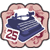 Pixelated icon with pinkish-red floral border surrounding a blue and white central design featuring the number 25 in red.