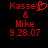 Red pixelated text on black background shows 'Kassey' with a heart symbol, 'Mike', and '9.28.07' in two side-by-side frames where the heart symbol is present in the left frame only.