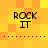 four identical pixelated text elements on a yellow-orange checkered background, each reading "ROCK IT" in black block letters with horizontal dotted lines below