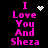 Pixelated pink text "I Love You And Sheza" on black background with white pixel-art symbols changing across frames.