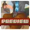 Pixel art image of a muscular character with brown hair and beard holding a large hammer, standing on rocky terrain under a blue sky.