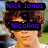 A pixelated image of a person with curly brown hair wearing dark sunglasses and a white shirt, displayed in two states: one with overlaid text 'Nick Jonas + Nicola' and another showing only the face.