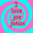 Four identical display red text "I love joe jonas" over a cyan and pink spiral background with visible pixelation