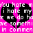 Pixelated text on a bright pink background with black heart shapes, displaying repeated phrases about mutual hatred and shared actions.