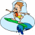 Pixelated cartoon character with brown hair surfing on a green board atop blue water, set against light blue background.