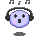 Pixelated avatar with light purple face, black headphones, pink cheeks, and changing mouth shapes under musical notes.