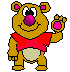Pixelated cartoon bear with pink ears and nose, red shirt, beige belly, waving right paw with pink paw pad, gray background.