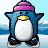 Pixelated blue penguin with white belly and yellow beak wears pink knit hat, skates on ice against snowy mountain backdrop.