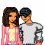 A pixelated animated contact sheet showing a couple, clothing items, repeated text "AaRON!!", and a heart symbol across multiple frames.