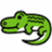 Green alligator cartoon with black outline on white background, accompanied by purple text phrases and symbols across four sections.