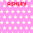 Pink background with white star pattern and repeated red text "ASHLEY" in pixelated font across the image.
