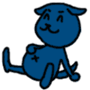Blue cartoon dog with closed eyes and a smile, sitting on gray background in six sequential poses showing leg movements.
