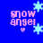 Pixelated blue background with pink 'snow angel' text, small pink hearts, and light blue snowflakes in four repeated quadrants.