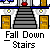 Pixelated animation of a red-cloaked figure falling down gray stairs with blue railings, transitioning from top to bottom