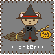 Pixel art bear in witch costume holding broom and pumpkin, gray background with brown border, text reads ++Enter++