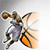 Pixelated figure in mid-air pose with outstretched limbs, holding a brown spherical object, wings with orange and black patterns, light gray background.