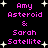 Pixelated text displays 'Amy Asteroid & Sarah Satellite' in pink on black background with white stars, arranged in two