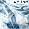 A static image of a repeating pattern featuring blue and white abstract shapes with the word 'Venom' in black text at the top of each section.