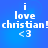 Blue background with white pixelated text reading "i love christian! <3" arranged in four , displayed in a