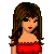 Pixel art of a woman in red top and black skirt with text fragments 'love only', 'pades never does', 'it stay' and small red hearts.