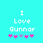 Pixelated cyan background with white text 'I Love Gunnar' and five pink/purple star icons, two versions showing animation changes in star positions.