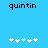 Blue background with black text 'quintin' at top, white and light blue pixelated plus signs arranged in two below